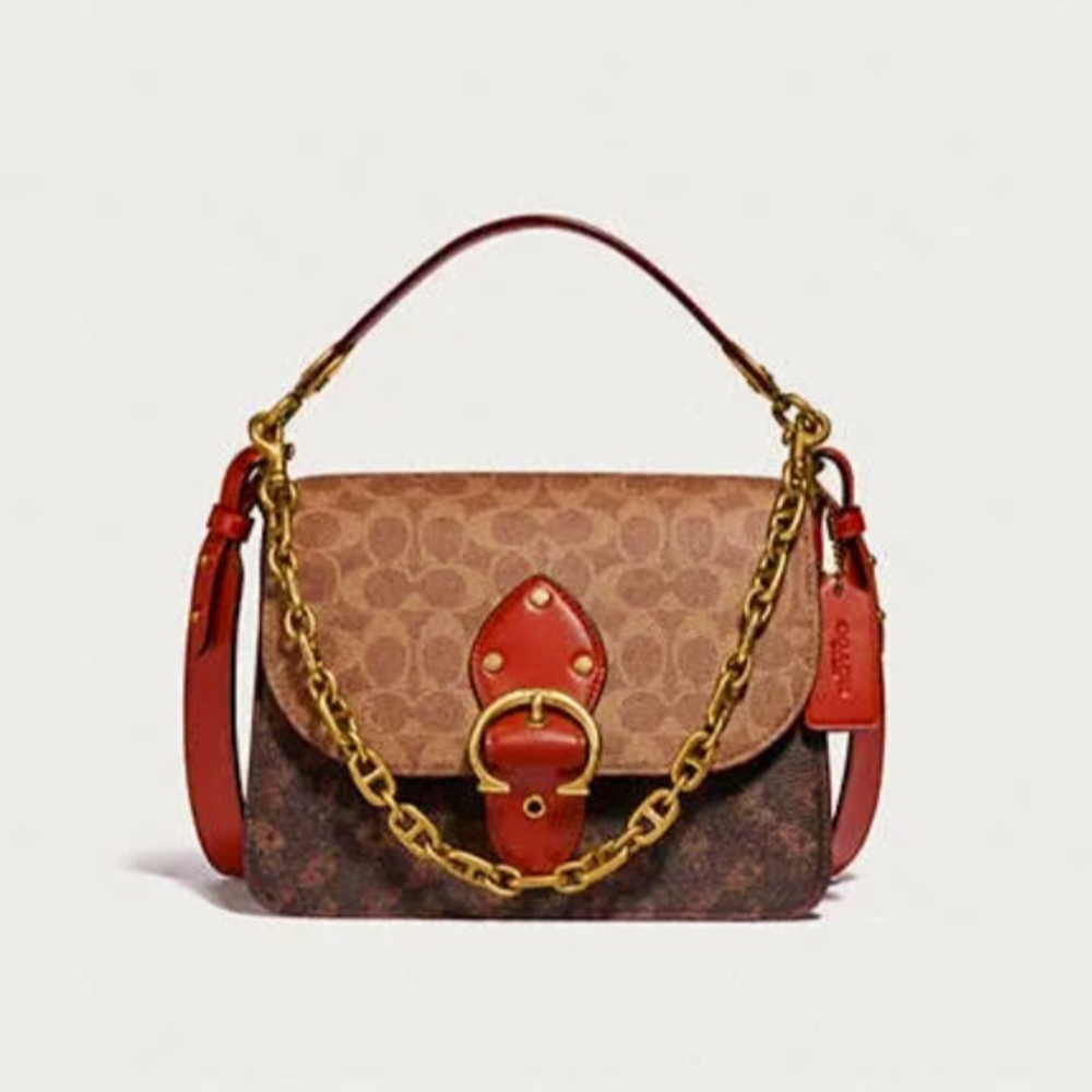 Coach Brown and Red Shoulder Bag with Chic Flap Closure